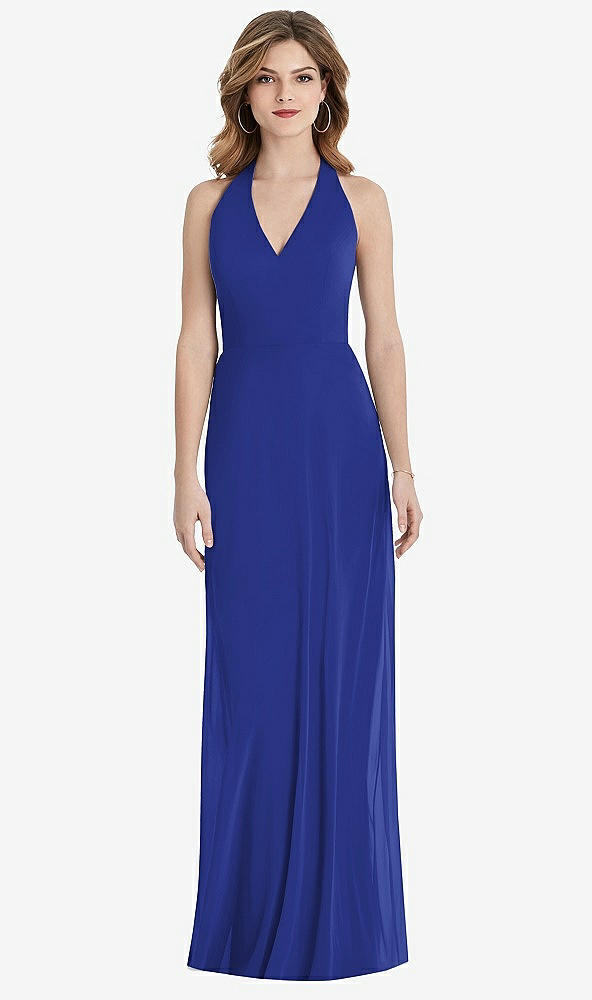 Back View - Cobalt Blue V-Neck Halter Chiffon Maxi Dress - Taryn