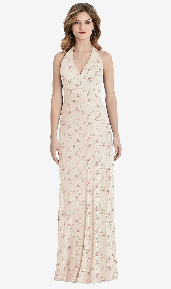 Back View - Coquette Floral Print V-Neck Halter Chiffon Maxi Dress - Taryn