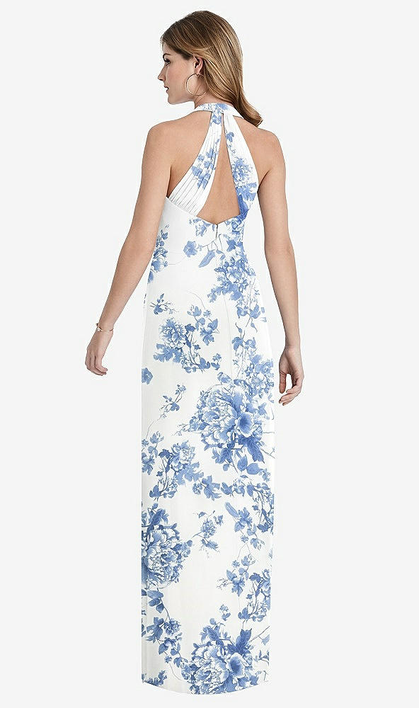 Front View - Cottage Rose Dusk Blue V-Neck Halter Chiffon Maxi Dress - Taryn