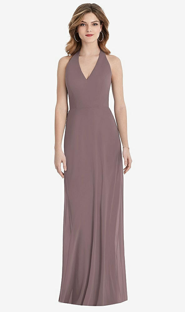 Back View - French Truffle V-Neck Halter Chiffon Maxi Dress - Taryn