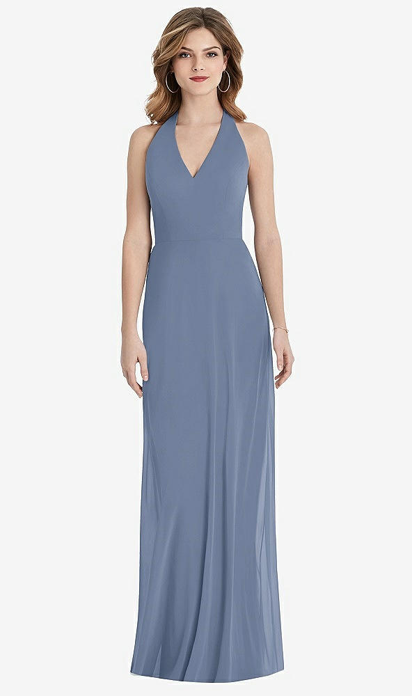 Back View - Larkspur Blue V-Neck Halter Chiffon Maxi Dress - Taryn