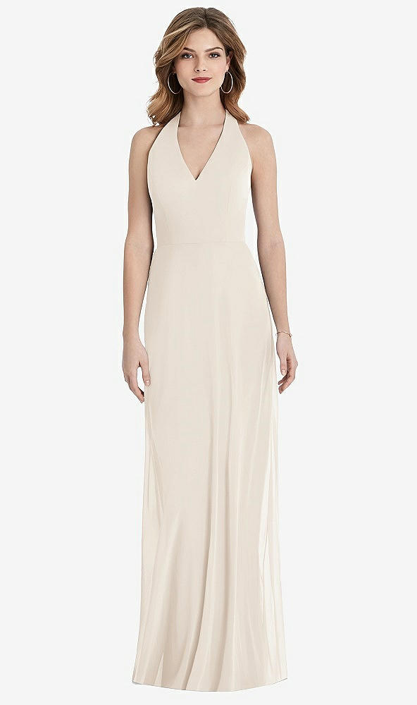 Back View - Oat V-Neck Halter Chiffon Maxi Dress - Taryn