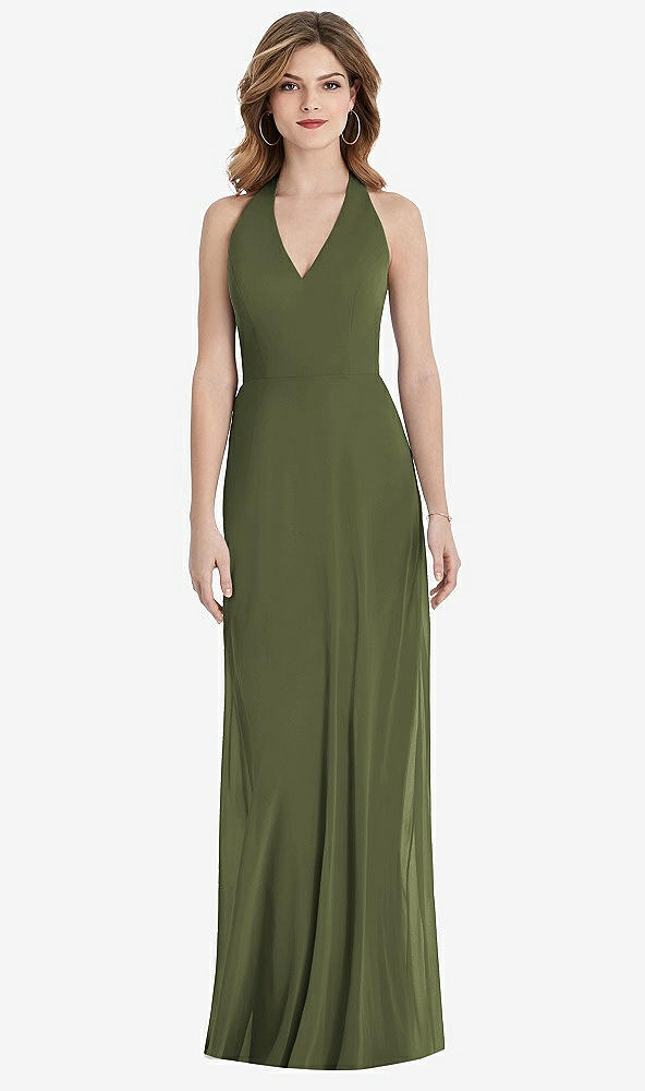 Back View - Olive Green V-Neck Halter Chiffon Maxi Dress - Taryn