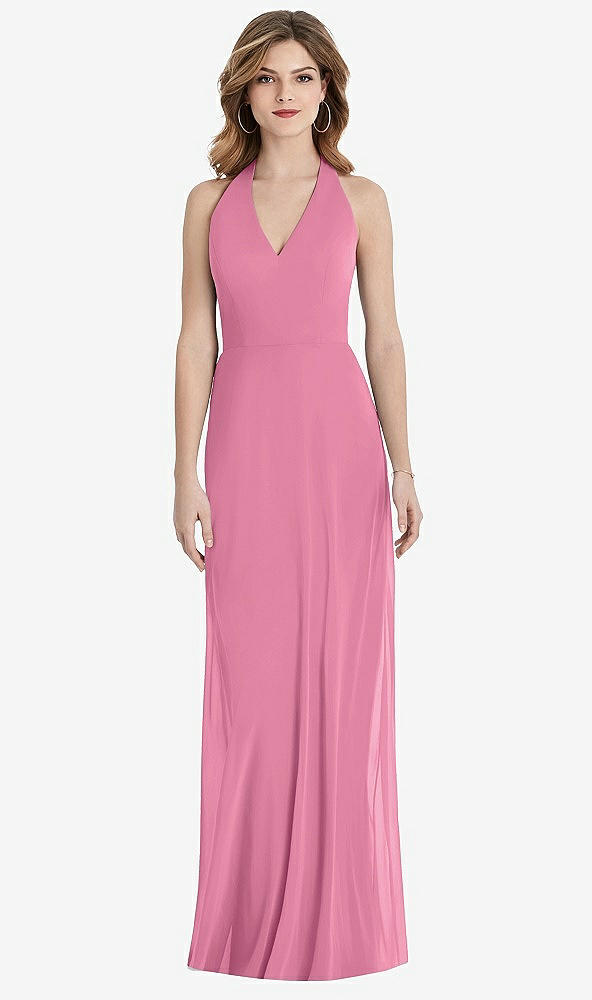 Back View - Orchid Pink V-Neck Halter Chiffon Maxi Dress - Taryn