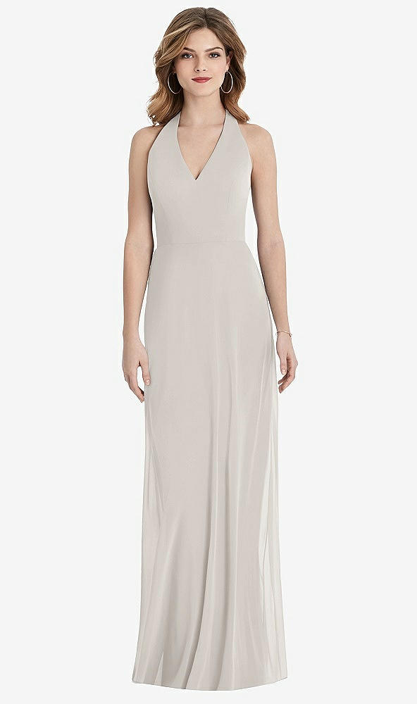 Back View - Oyster V-Neck Halter Chiffon Maxi Dress - Taryn