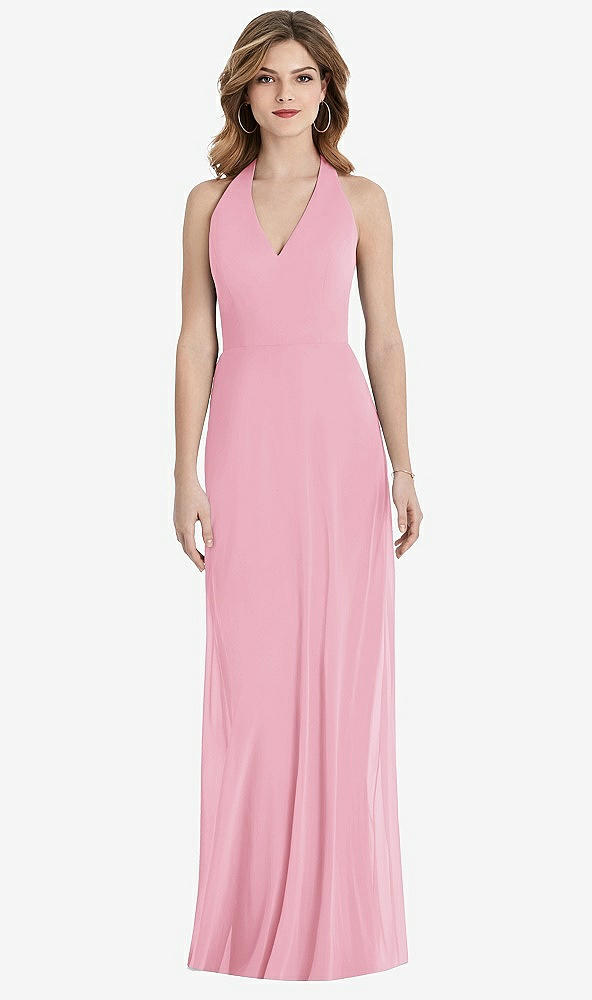 Back View - Peony Pink V-Neck Halter Chiffon Maxi Dress - Taryn