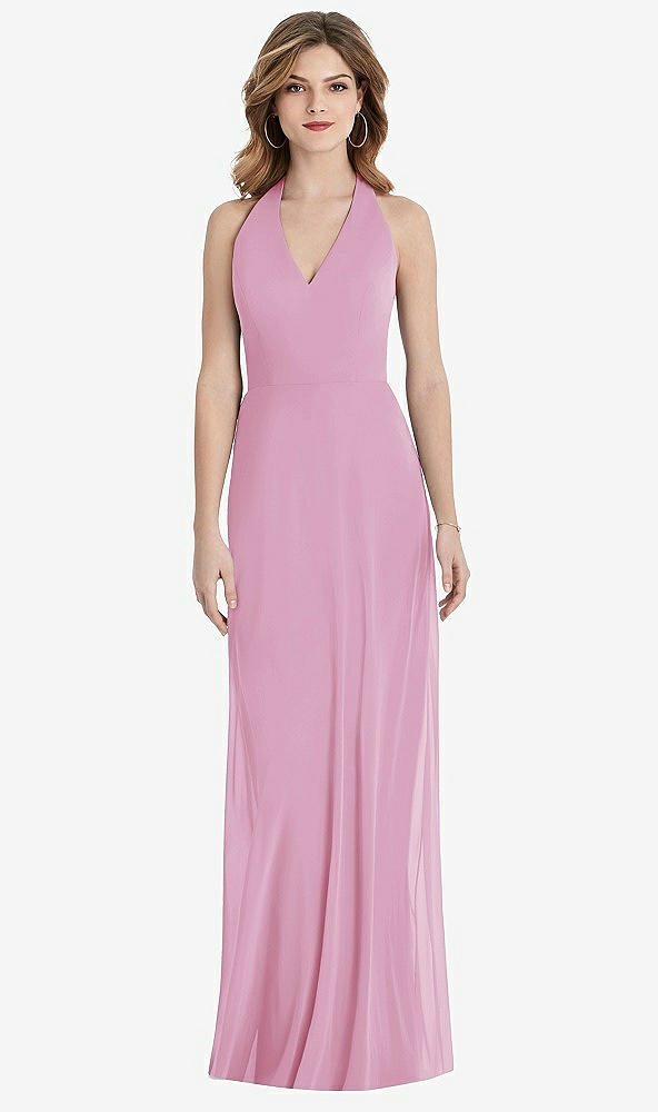 Back View - Powder Pink V-Neck Halter Chiffon Maxi Dress - Taryn