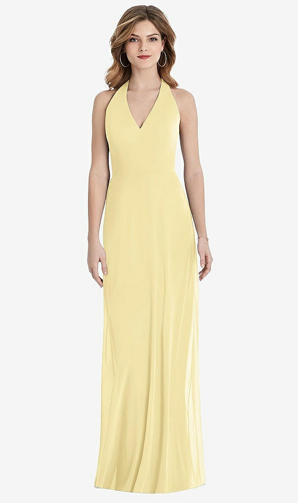 Back View - Pale Yellow V-Neck Halter Chiffon Maxi Dress - Taryn