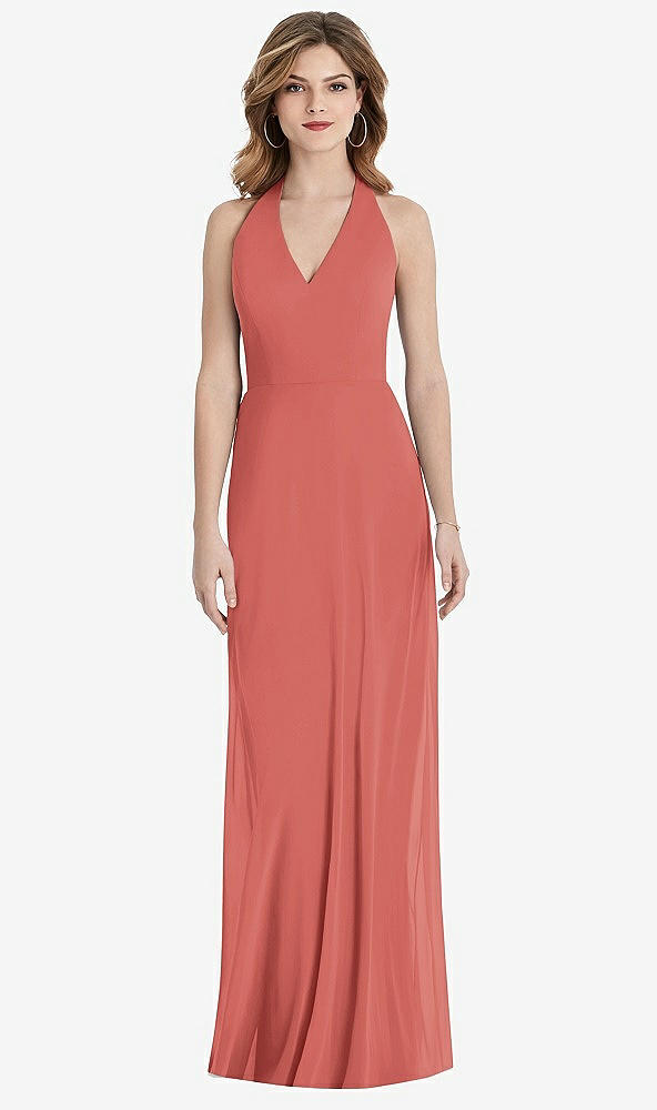 Back View - Coral Pink V-Neck Halter Chiffon Maxi Dress - Taryn