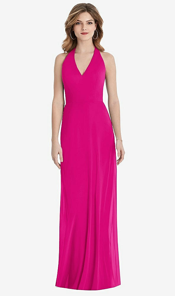 Back View - Think Pink V-Neck Halter Chiffon Maxi Dress - Taryn