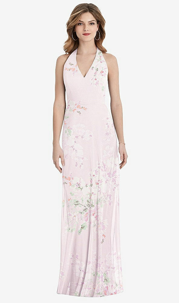 Back View - Watercolor Print V-Neck Halter Chiffon Maxi Dress - Taryn