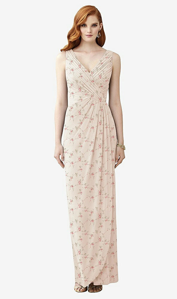 Front View - Coquette Floral Print Sleeveless Draped Faux Wrap Maxi Dress - Dahlia