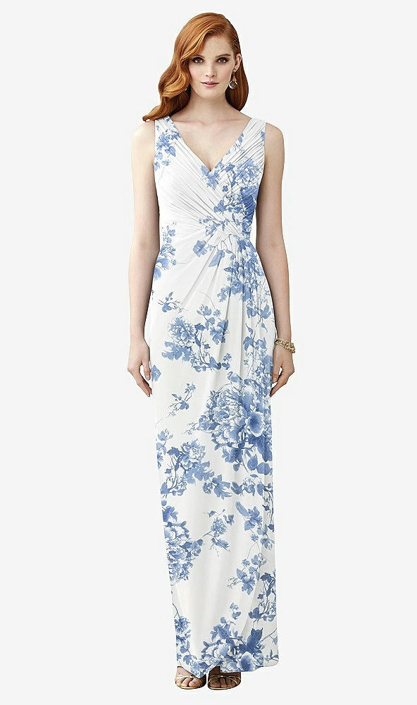 Front View - Cottage Rose Dusk Blue Sleeveless Draped Faux Wrap Maxi Dress - Dahlia