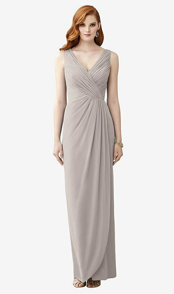 Front View - Taupe Sleeveless Draped Faux Wrap Maxi Dress - Dahlia