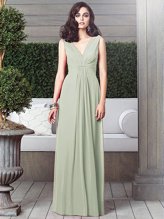 Draped V-Neck Shirred Chiffon Maxi Dress