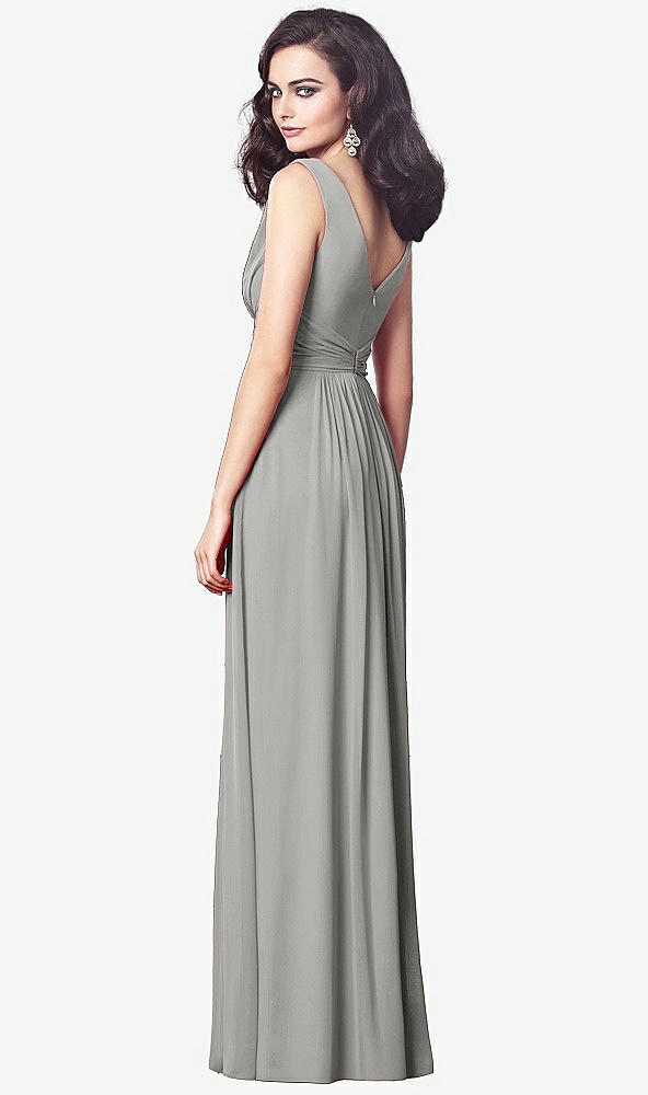 Back View - Chelsea Gray Draped V-Neck Shirred Chiffon Maxi Dress