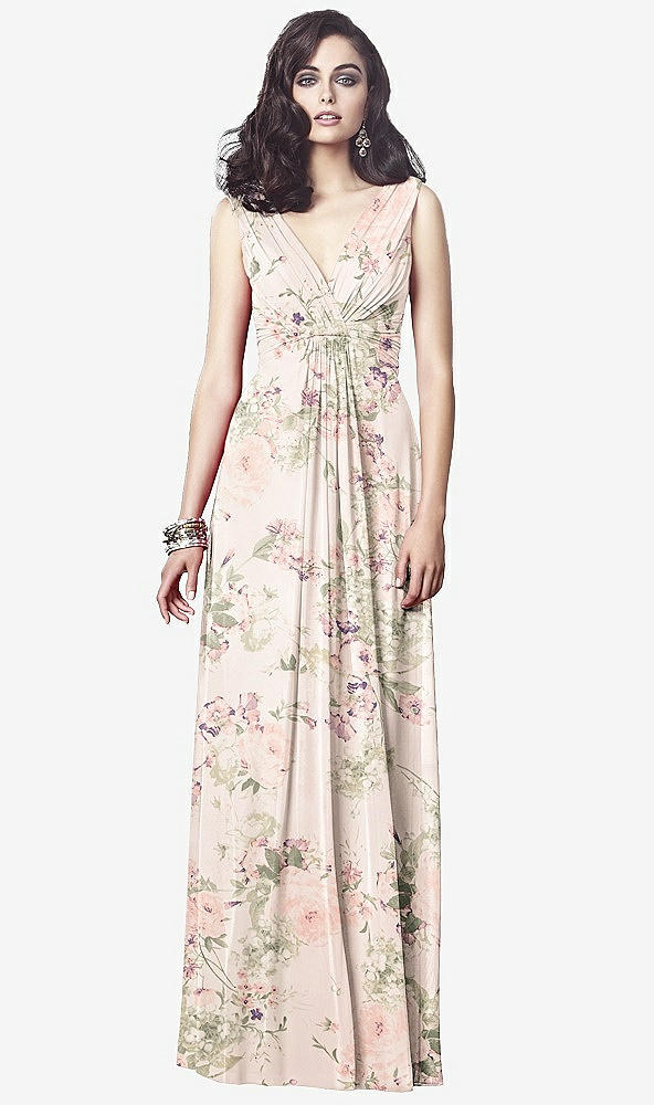 Front View - Blush Garden Draped V-Neck Shirred Chiffon Maxi Dress