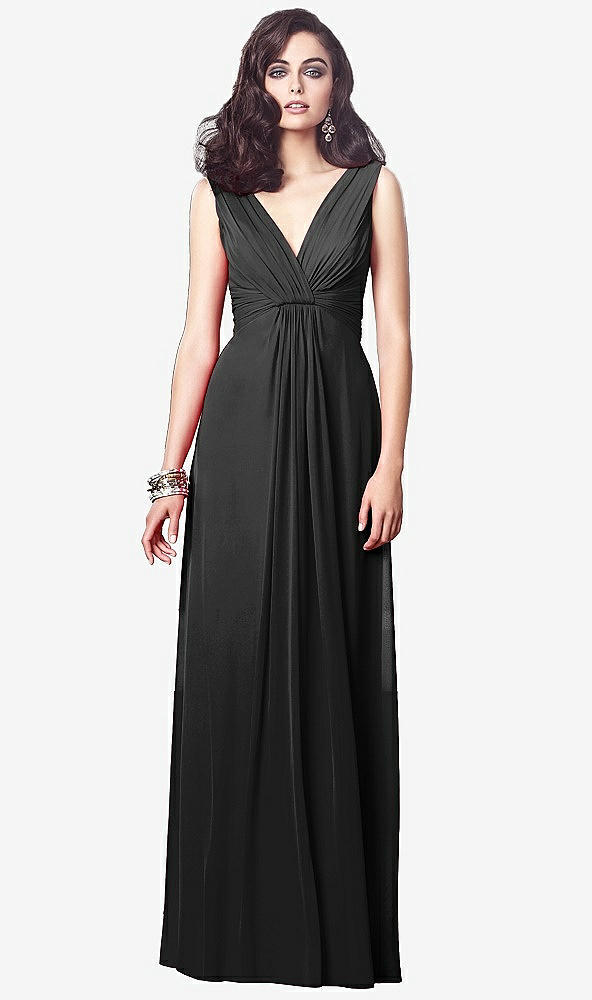 Front View - Black Draped V-Neck Shirred Chiffon Maxi Dress