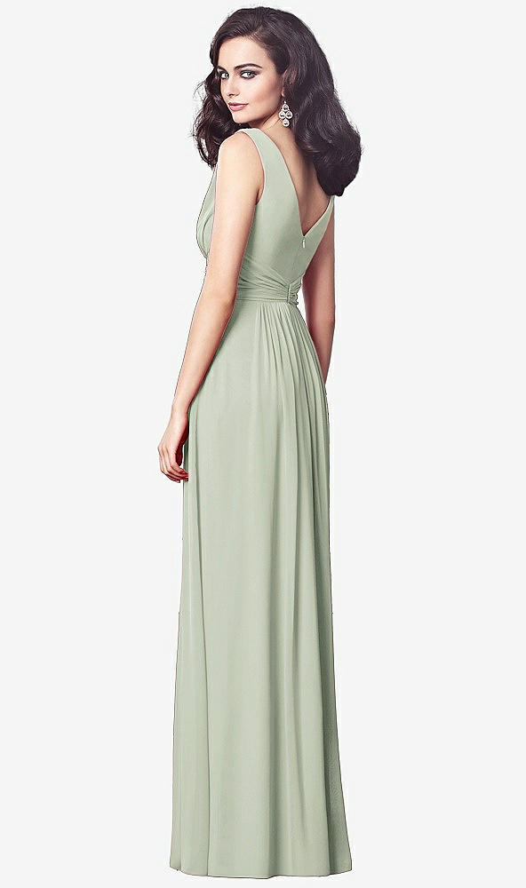 Back View - Celadon Draped V-Neck Shirred Chiffon Maxi Dress