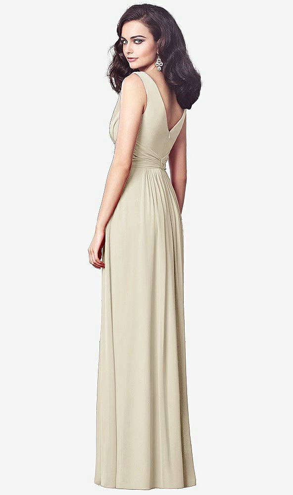 Back View - Champagne Draped V-Neck Shirred Chiffon Maxi Dress