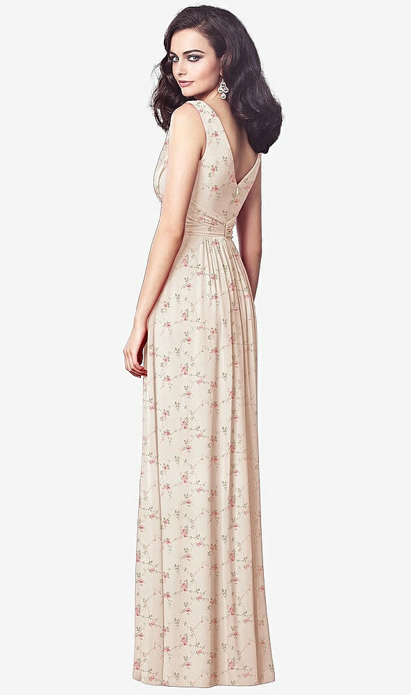 Back View - Coquette Floral Print Draped V-Neck Shirred Chiffon Maxi Dress