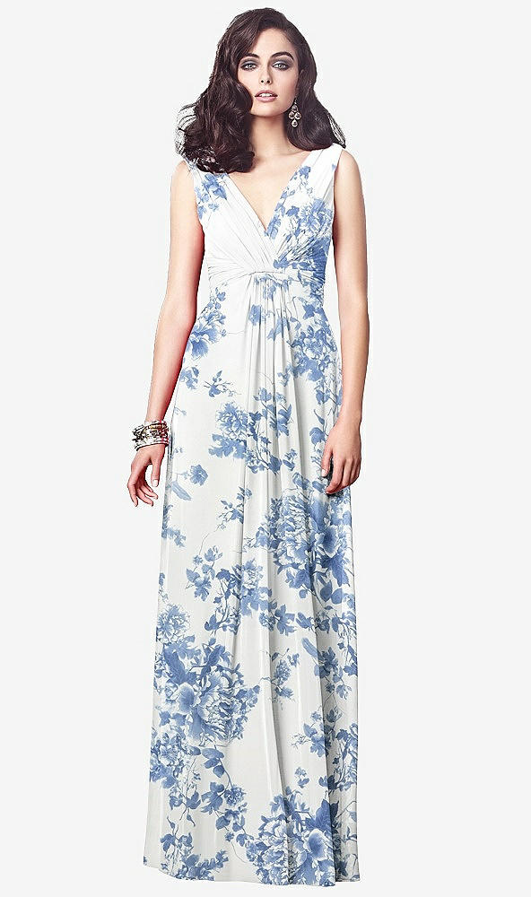 Front View - Cottage Rose Dusk Blue Draped V-Neck Shirred Chiffon Maxi Dress