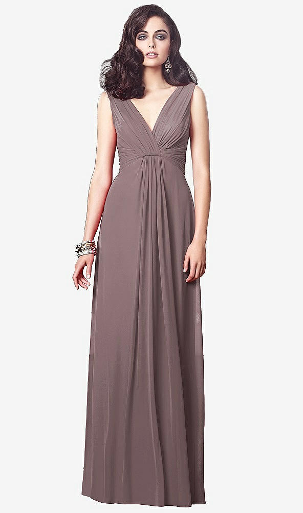 Front View - French Truffle Draped V-Neck Shirred Chiffon Maxi Dress