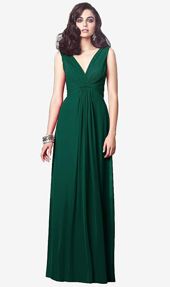 Front View - Hunter Green Draped V-Neck Shirred Chiffon Maxi Dress