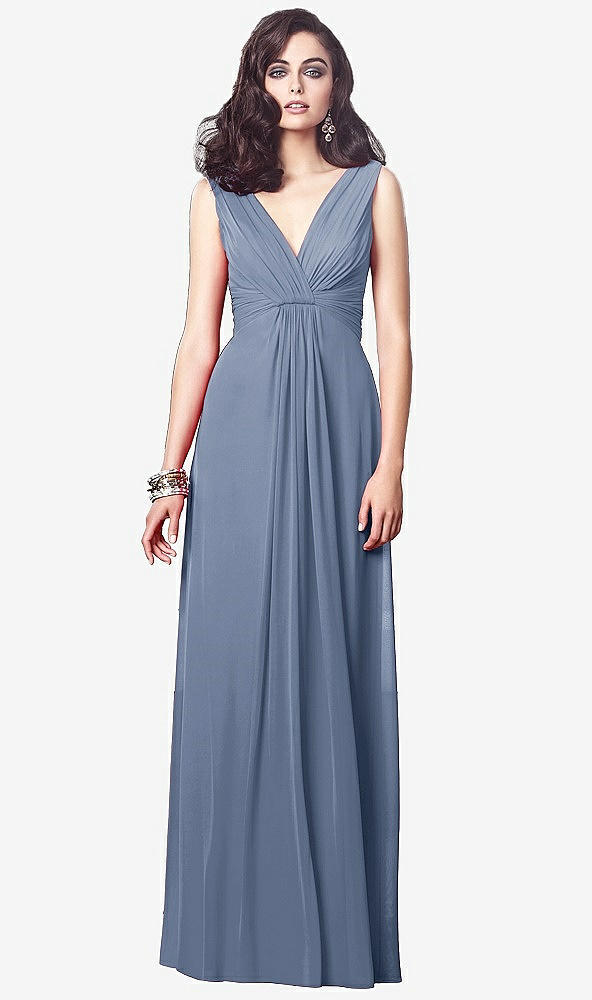 Front View - Larkspur Blue Draped V-Neck Shirred Chiffon Maxi Dress