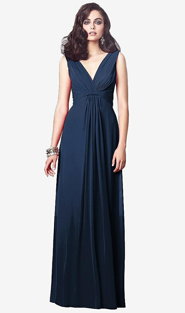 Front View - Midnight Navy Draped V-Neck Shirred Chiffon Maxi Dress