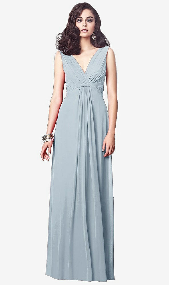 Front View - Mist Draped V-Neck Shirred Chiffon Maxi Dress