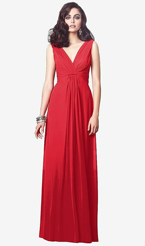 Front View - Parisian Red Draped V-Neck Shirred Chiffon Maxi Dress