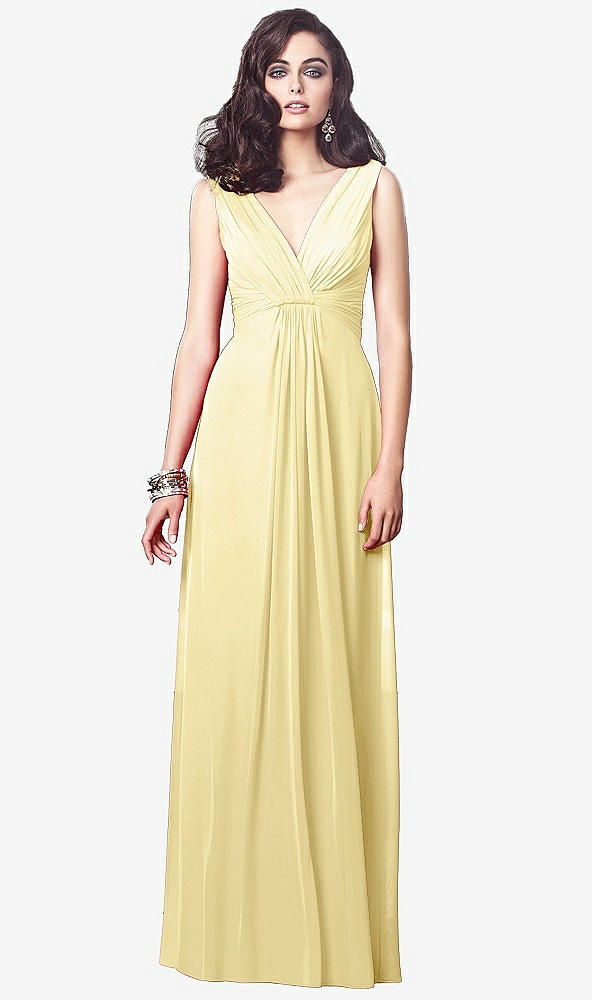 Front View - Pale Yellow Draped V-Neck Shirred Chiffon Maxi Dress