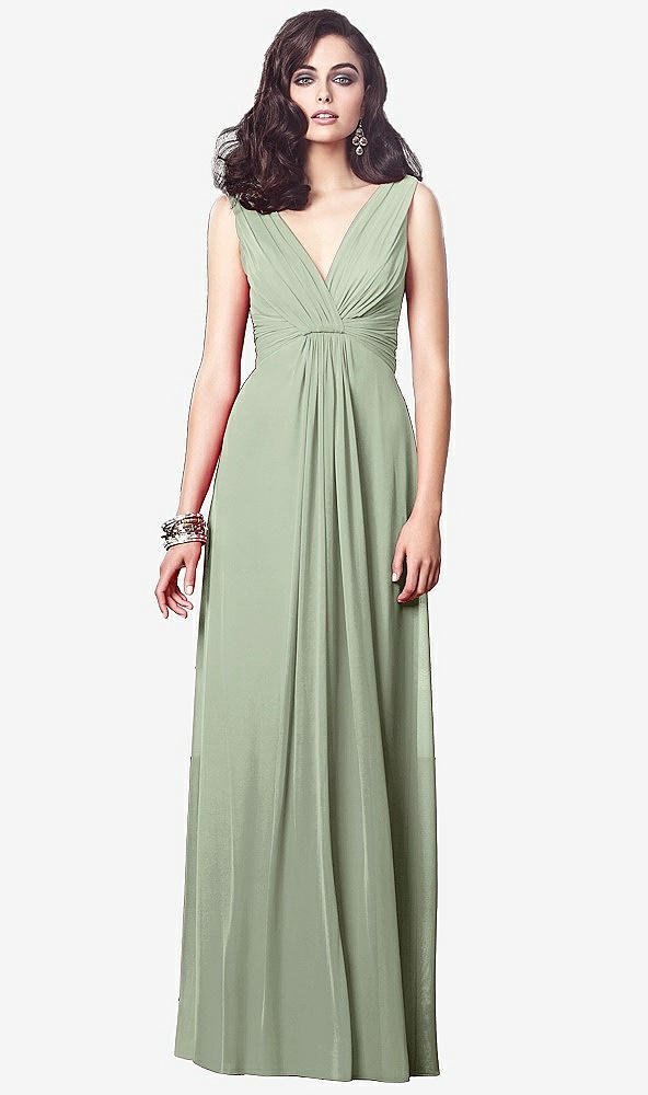 Front View - Sage Draped V-Neck Shirred Chiffon Maxi Dress