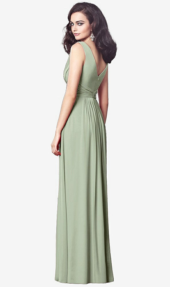 Back View - Sage Draped V-Neck Shirred Chiffon Maxi Dress