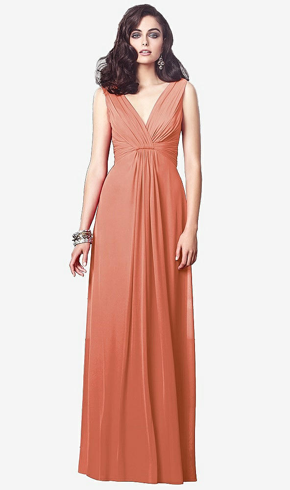 Front View - Terracotta Copper Draped V-Neck Shirred Chiffon Maxi Dress