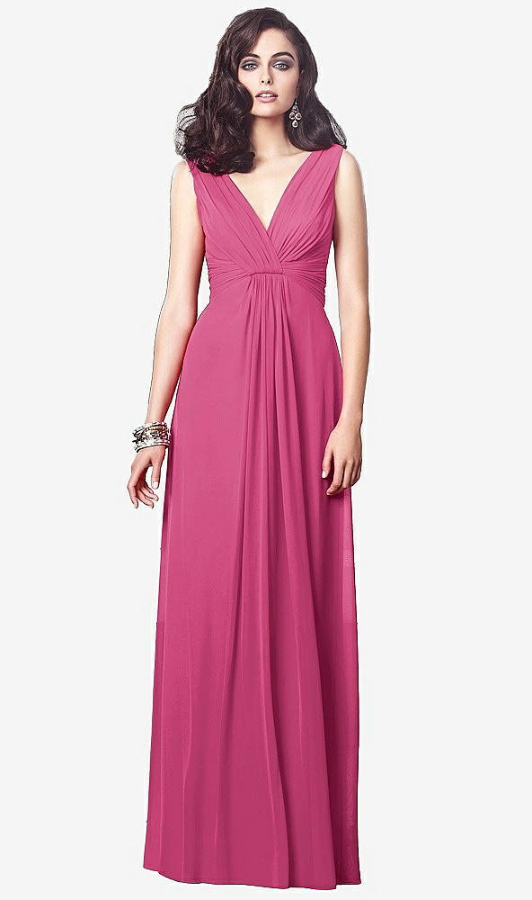 Front View - Tea Rose Draped V-Neck Shirred Chiffon Maxi Dress