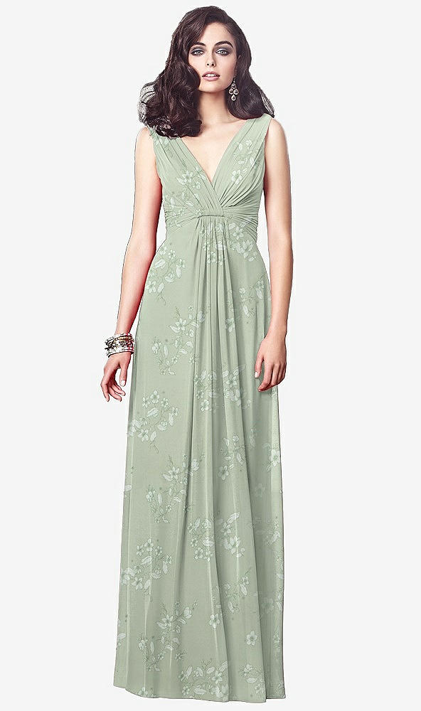 Front View - Vintage Primrose Sage Draped V-Neck Shirred Chiffon Maxi Dress