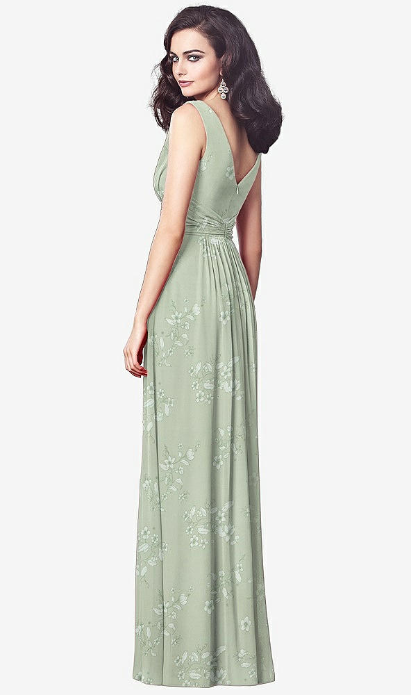 Back View - Vintage Primrose Sage Draped V-Neck Shirred Chiffon Maxi Dress