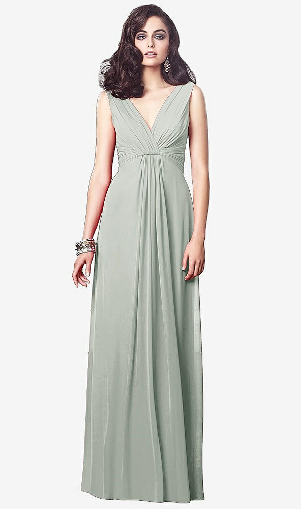 Front View - Willow Green Draped V-Neck Shirred Chiffon Maxi Dress