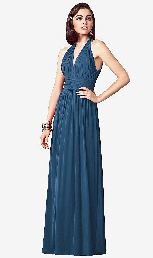 Front View - Dusk Blue Ruched Halter Open-Back Maxi Dress - Jada