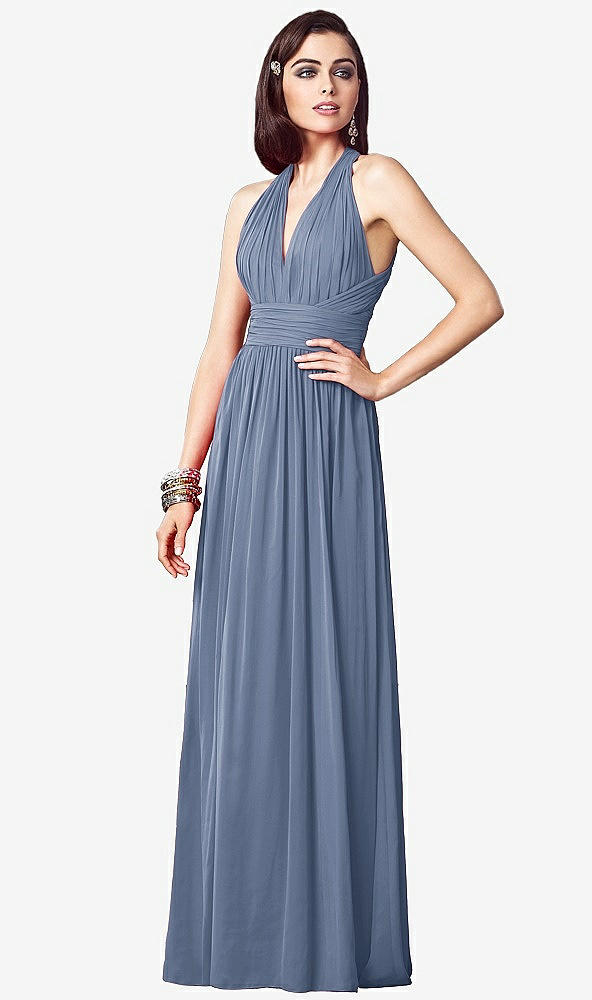 Front View - Larkspur Blue Ruched Halter Open-Back Maxi Dress - Jada