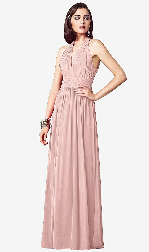 Front View - Rose - PANTONE Rose Quartz Ruched Halter Open-Back Maxi Dress - Jada