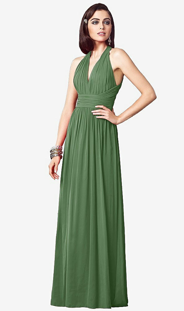 Front View - Vineyard Green Ruched Halter Open-Back Maxi Dress - Jada