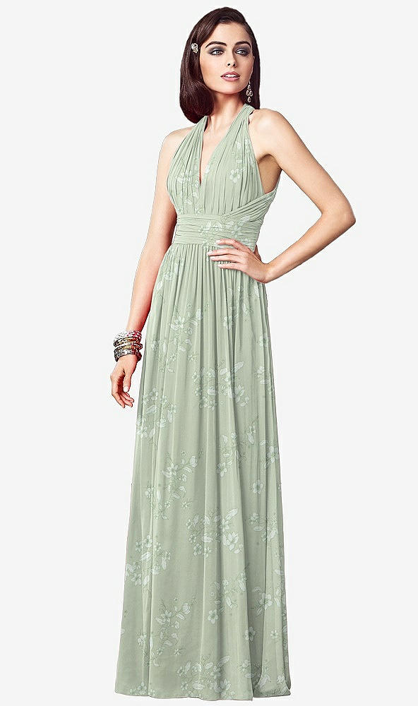 Front View - Vintage Primrose Sage Ruched Halter Open-Back Maxi Dress - Jada