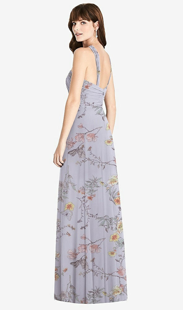 Back View - Butterfly Botanica Silver Dove Twist Halter Chiffon Maxi Dress - James