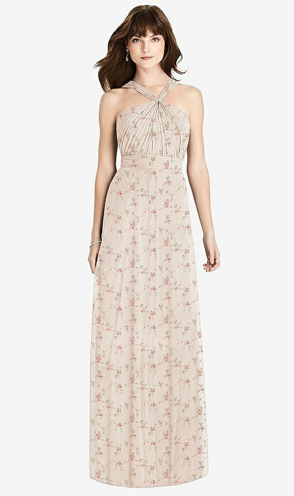 Front View - Coquette Floral Print Twist Halter Chiffon Maxi Dress - James