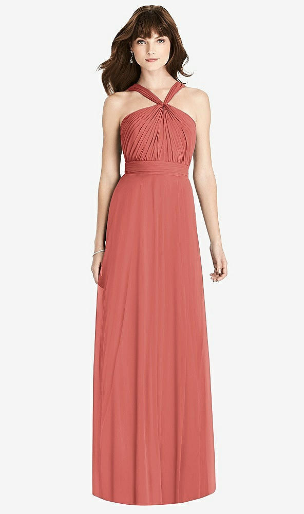 Front View - Coral Pink Twist Halter Chiffon Maxi Dress - James