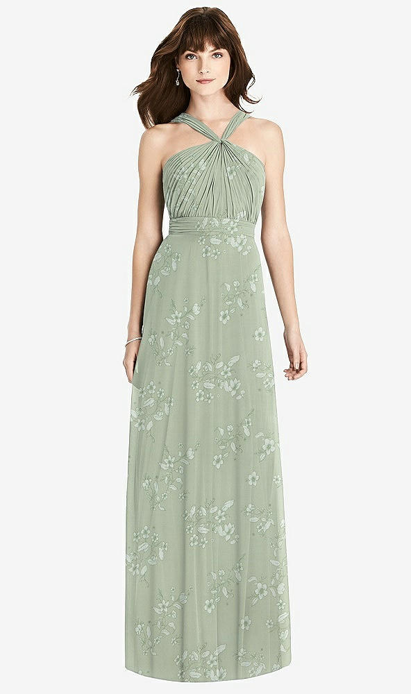 Front View - Vintage Primrose Sage Twist Halter Chiffon Maxi Dress - James