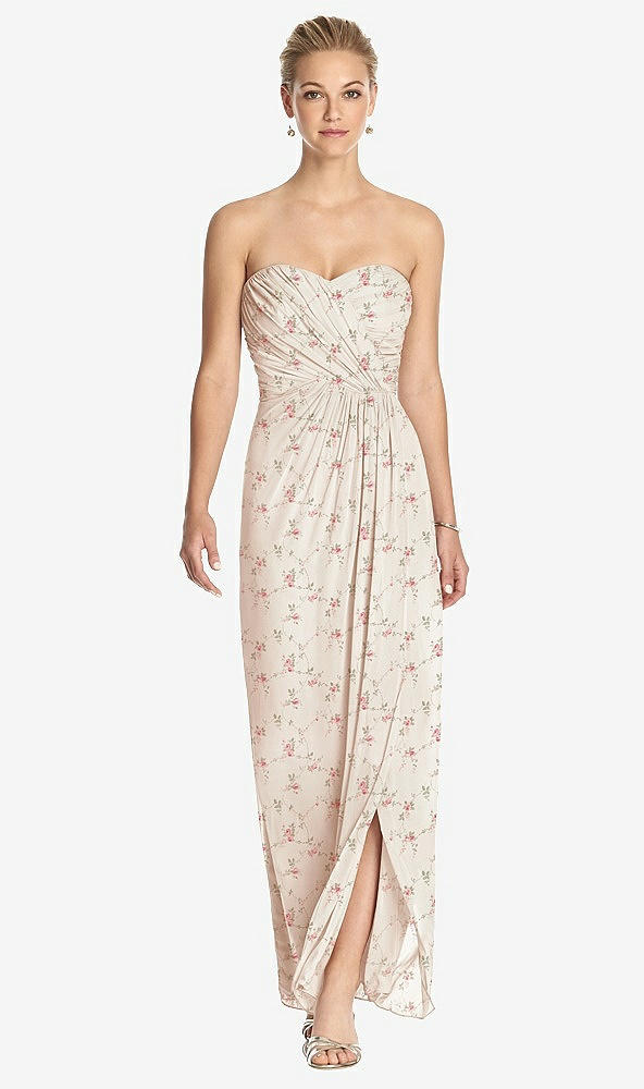 Front View - Coquette Floral Print Strapless Draped Chiffon Maxi Dress - Lila